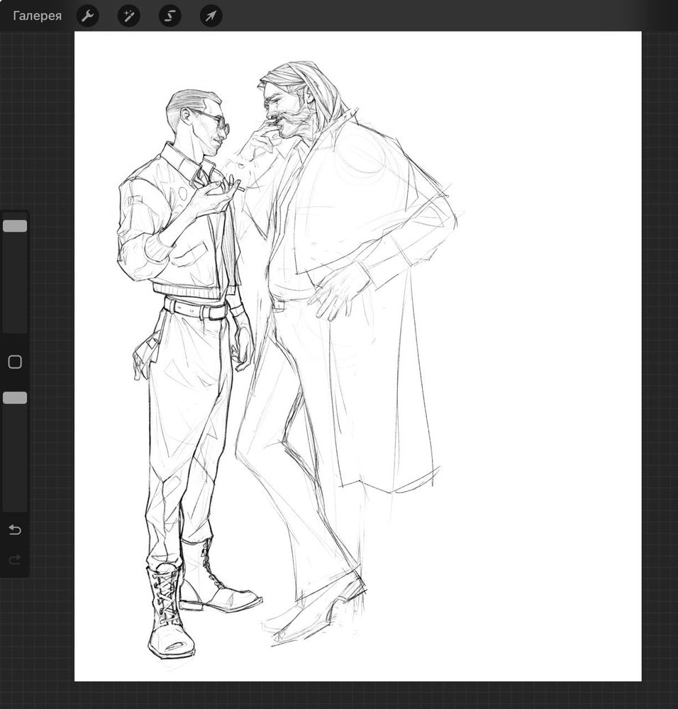 Pencil sketch of Kim Kitzuragi and Harry from Disco Elysium smoking together and taking 