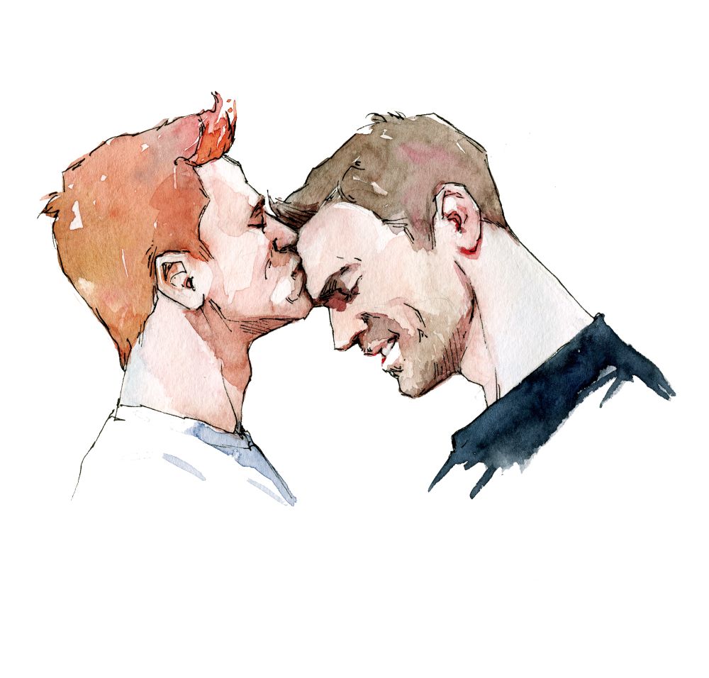 Traditional watercolor. One man kisses the other on a forehead. The one being kissed , smiles happily. 