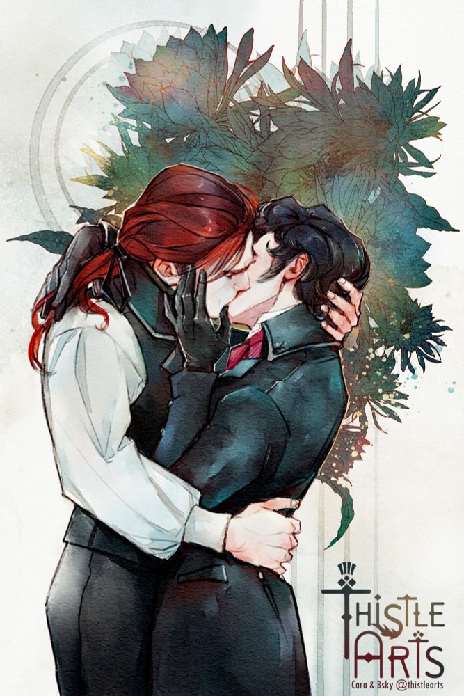 Digital watercolor of my Victorian OC's Eric and Terence sharing a passionate kiss on a floral background. 