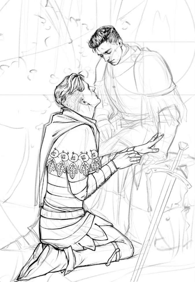 A WIP of my hansry artwork. Hans kneels before Henry sitting on   an old ruin of a wall with his sword near them.
Th epose is inspired by the painting by Waterhouse "Lamia"