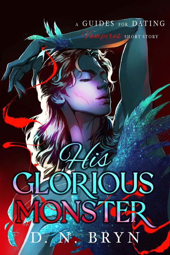 Book cover art for "His Glorious Monster" by D. N. Bryn. 

A portrait of a young man  with long blond hair dressed in a feathered masquerade costume resembling of a white swan. He  holds a dramatic pose on a dark background with nighclub like lighting.