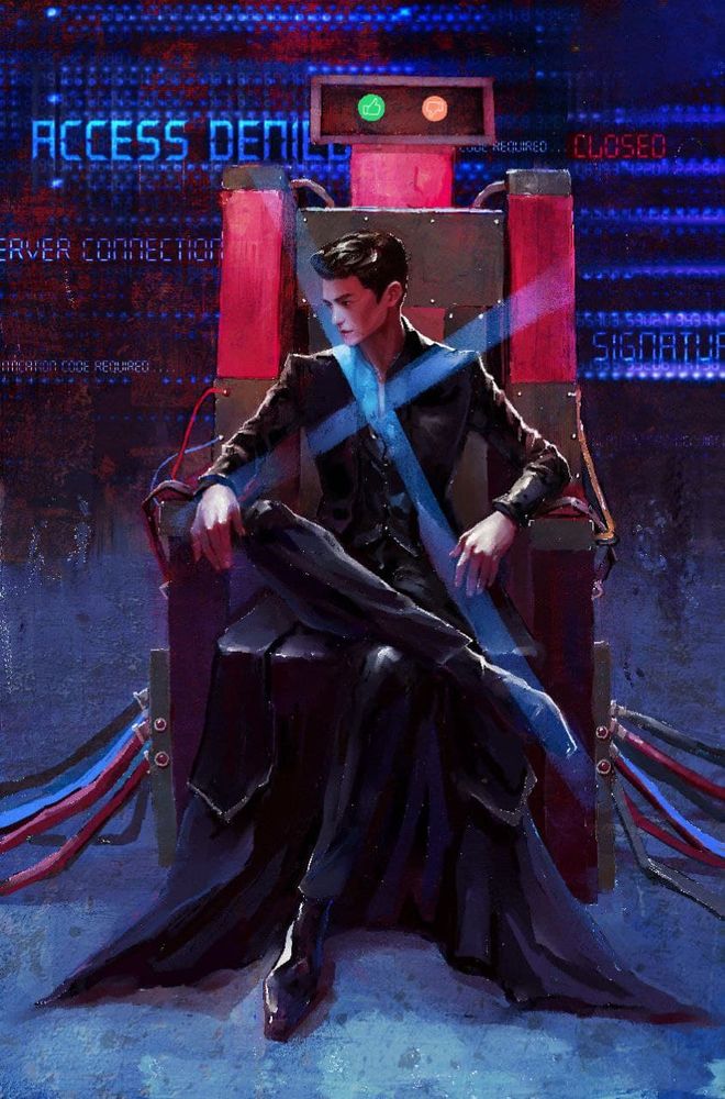 Digital fanart of Kang Yohan from The Devil Judge. 
He sits on a execution chairt as on a throne. 