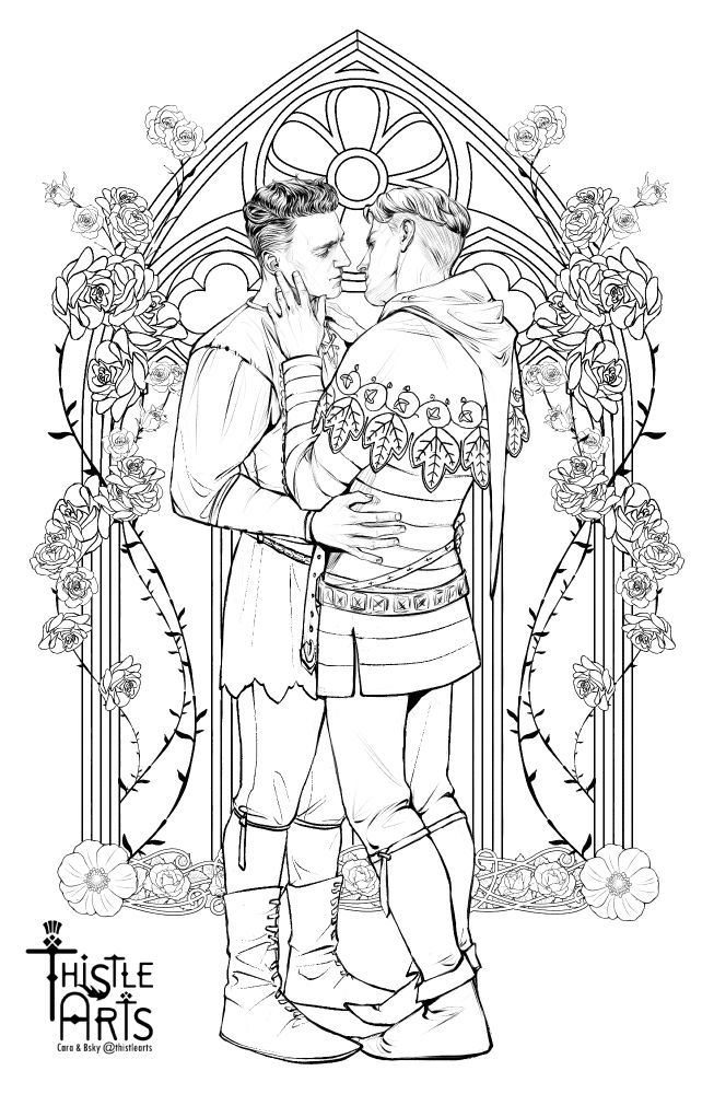 Hansry lineart. Henry and Hans share a tender embrace. Henry looks into Hans's eyes and holds him by the waist. A beautiful gothic window is behind them adorned by roses.