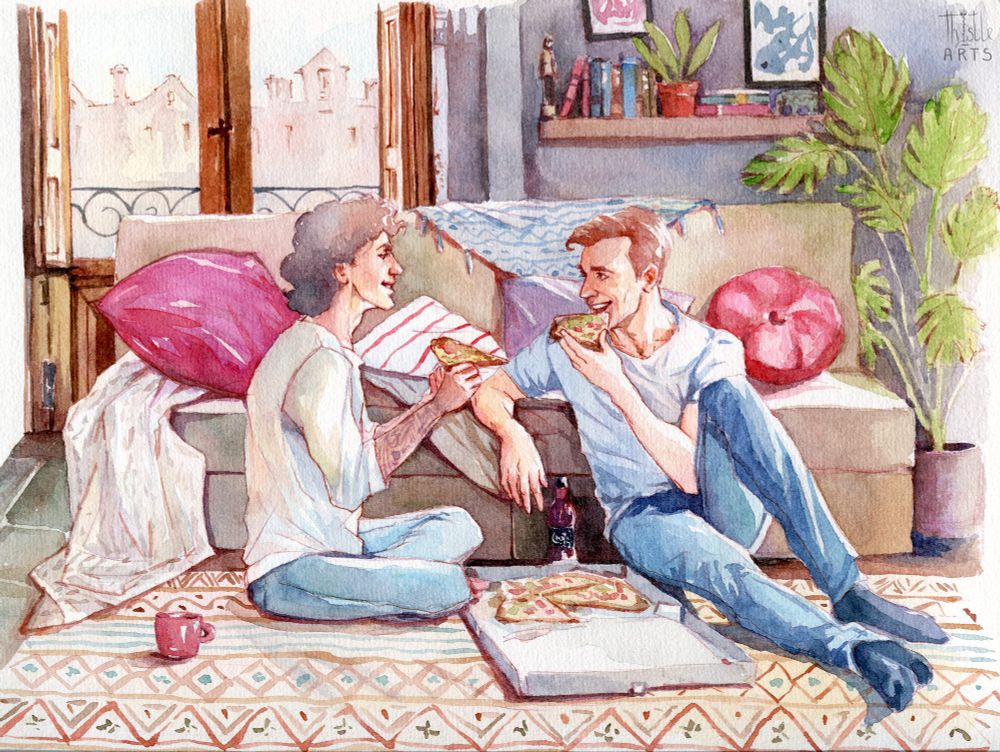 Traditional watercolour artwork. Two guys eat a pizza and talk, laughing and  flirting, while they sit on a floor in a nice cosy European apartment