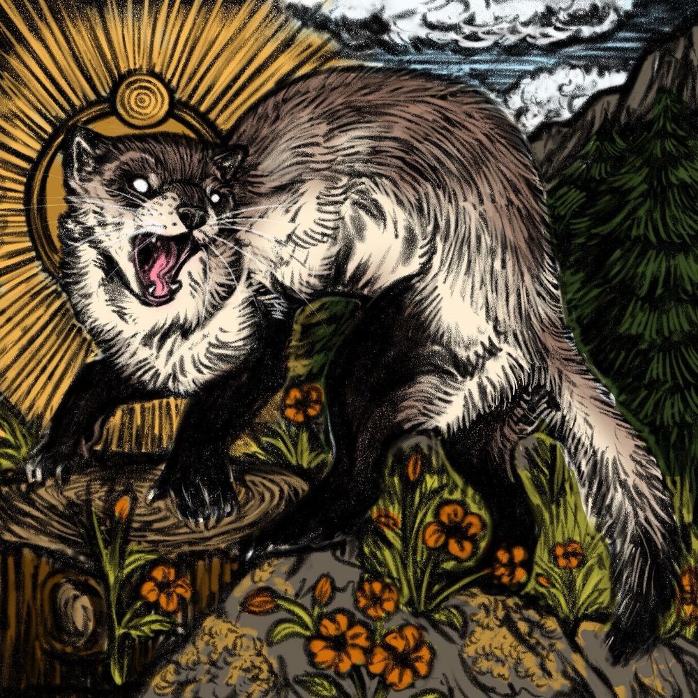 Black footed ferret with a gold halo behind their head. There are poppies growing beneath them. There are pine trees and a mountain in the background.