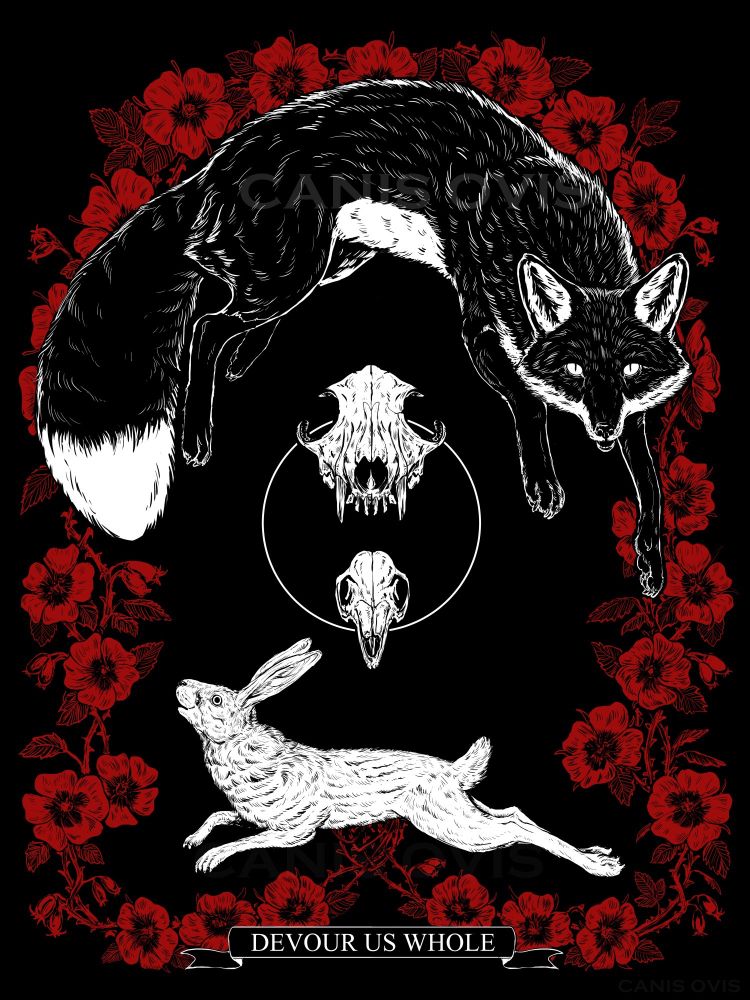 Devour Us Whole shirt design. There is a red fox above in a jumping position with a hare below in a jumping position facing towards the left. The hare has a bramble of briar roses colored only in red growing out from it's belly and framing the rest of the piece. In the center of the design are a fox skull and hare skull that are facing forwards, connected with a thin white lined circle behind them. On the bottom of the design "Devour Us Whole" is written. 