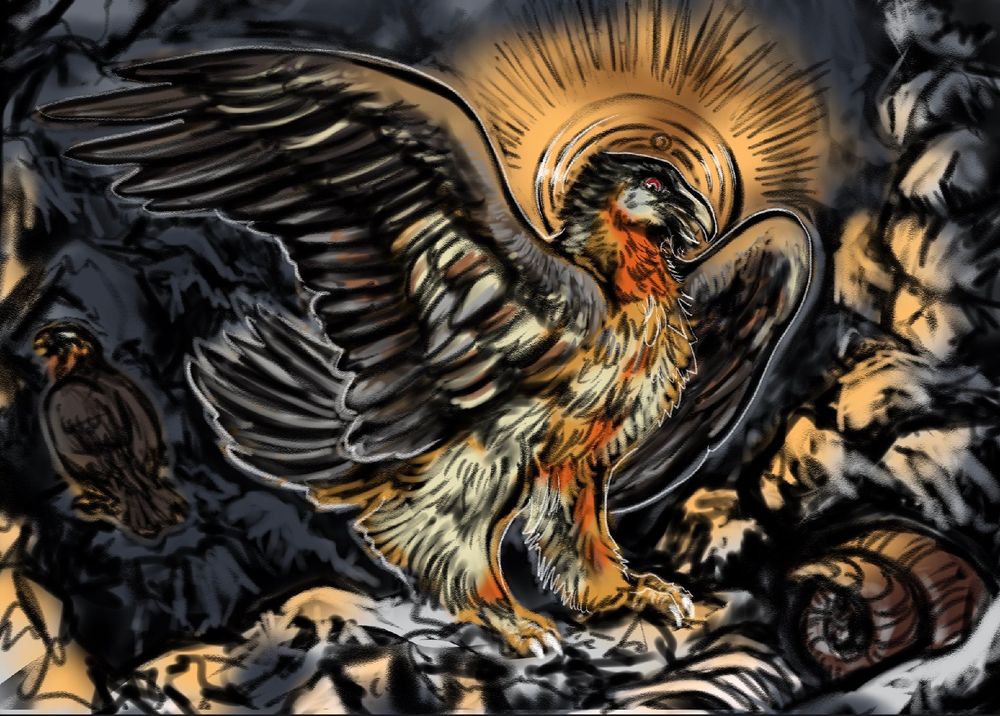 Bearded vulture stretching their wings while standing upright on a cliff. There is a ram antler in the bottom right corner and another bearded vulture facing the left in the bottom left corner. There is a golden halo behind their head.