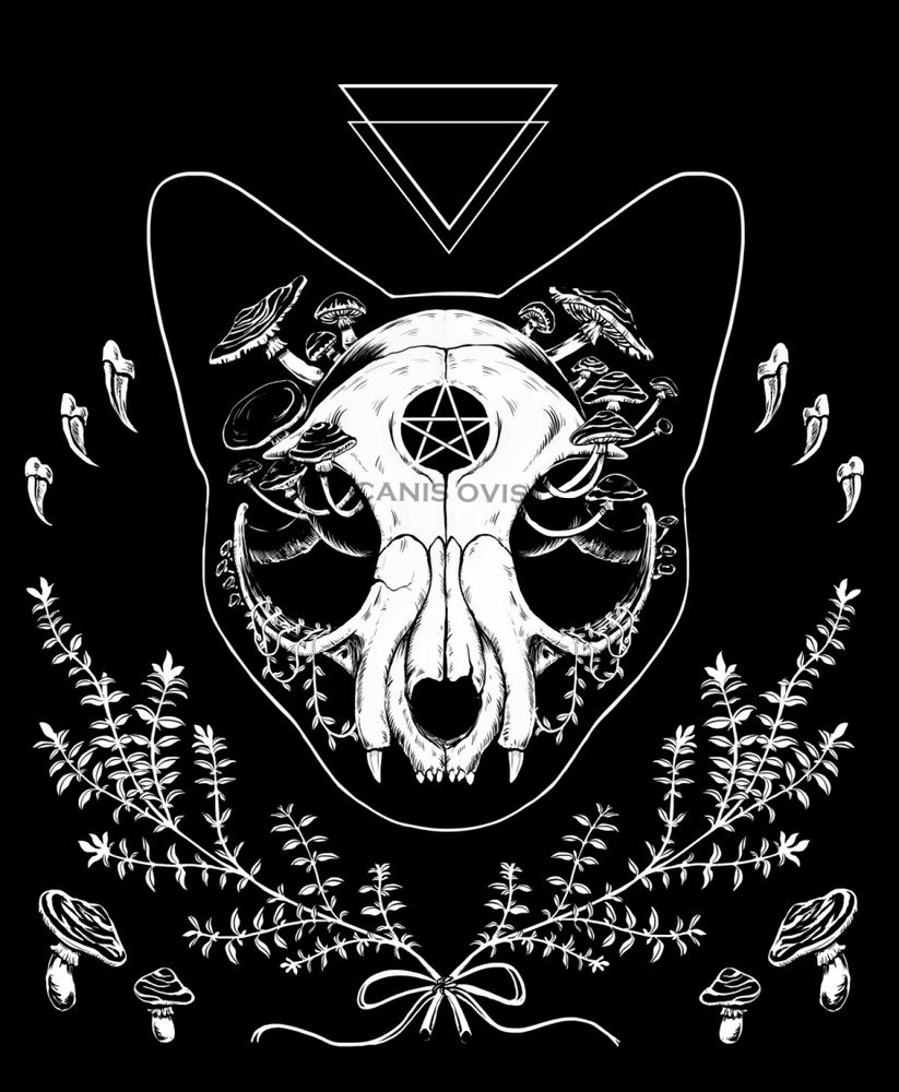 Loam shirt design. A cat skull with mushrooms growing out of the orbitals and on the sides of the cranium. The cat skull is enclosed in a single white outline in the shape of a cat. There is ivy draped on the lower part of the orbitals and going behind the maxilla. Below the cat skull is are two pieces of thyme tied together with a string and 2 mushrooms in the left and right corners. Above the cat skull are two triangles pointing downward towards the cat. On the sides of the outline of the cat's ears are 3 claws.
