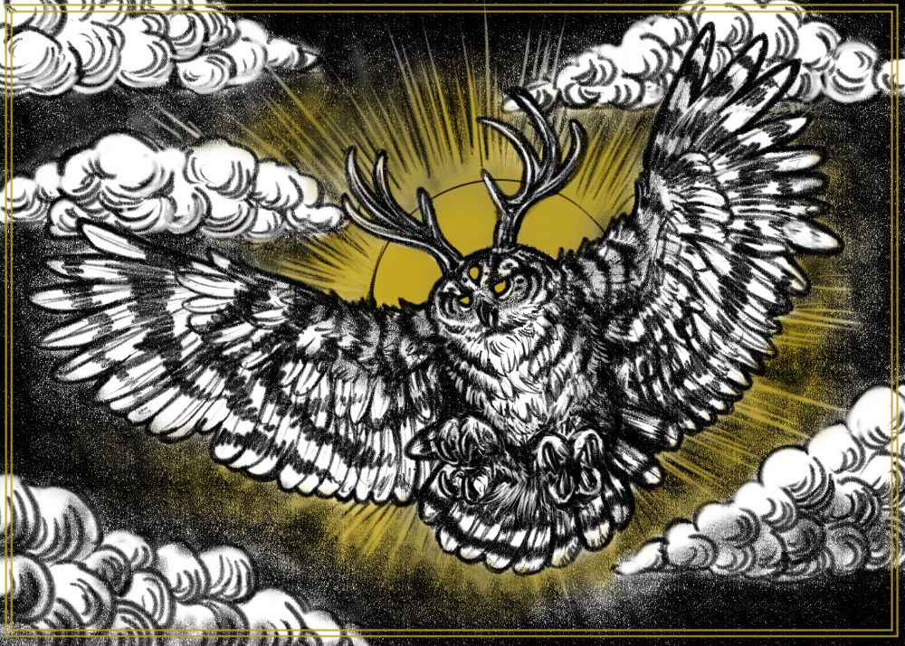 A snowy owl with bengal tiger markings and deer antlers with wings outstretched descending from the clouds. 