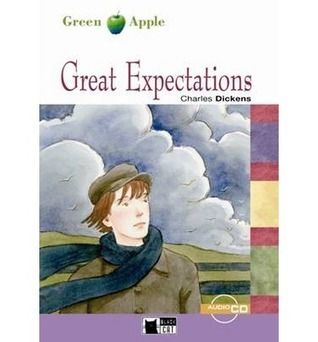 A boy in the countryside, wearing a cap a dark blue shawl and a brownish-grey shirt. In the backdrop are white cumulous clouds and birds and greenery. His shawl is swirling in the wind. The cover of Great Expectations by Dickens.