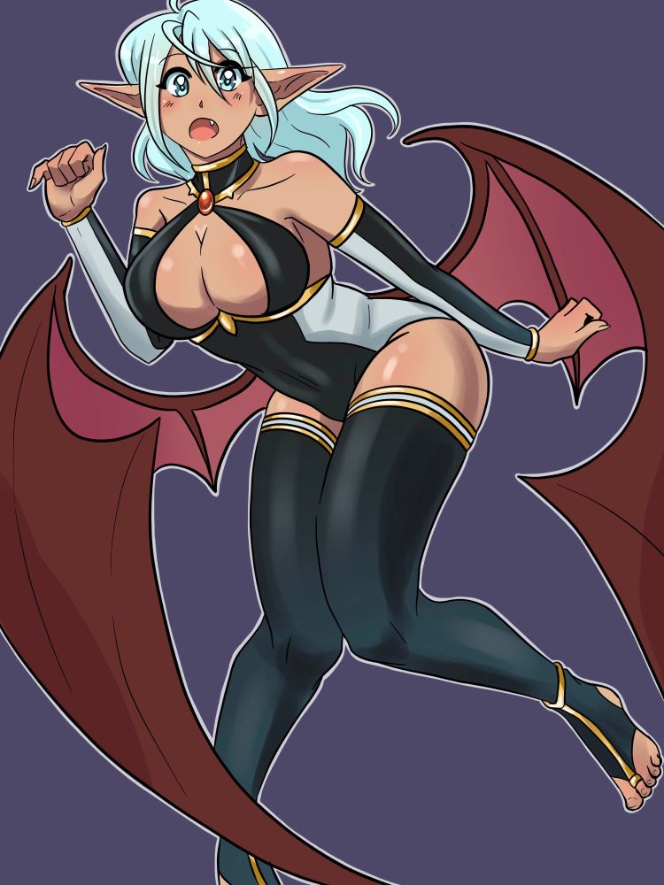 Digital art of a busty demon girl with a surprised expression. She has very pale blue hair, tanner skin and red wings that come from her lower back. She wears a black and white leotard that shows her cleavage and thigh high stockings without shoes. 