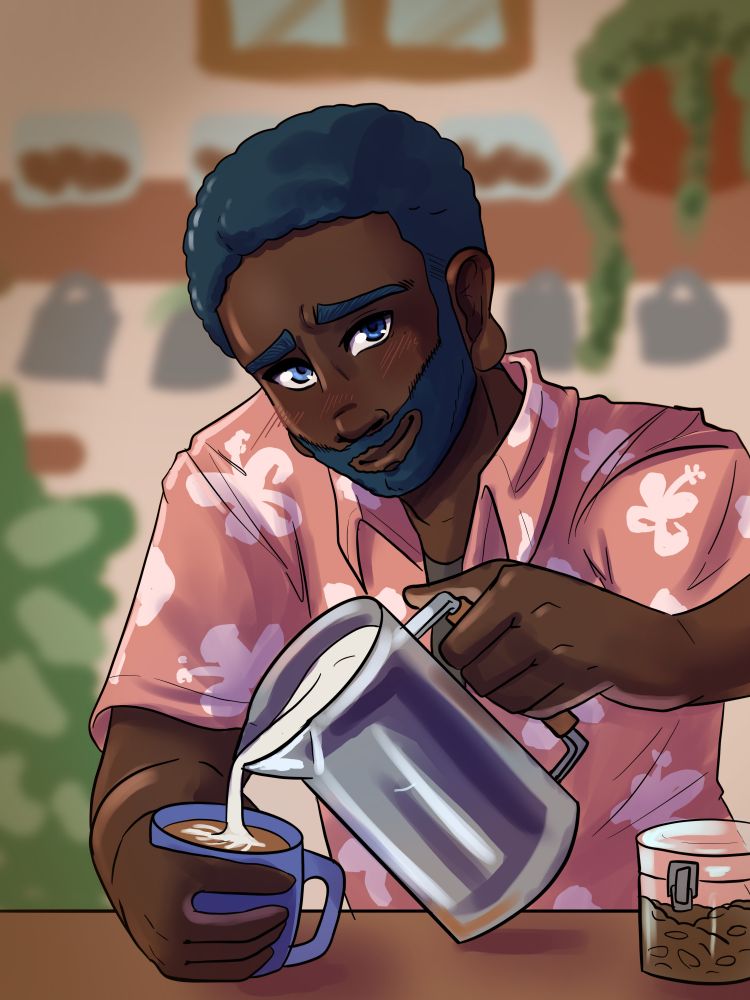Digital art of a bearded man in a Hawaiian shirt blushing and serving coffee from behind a counter