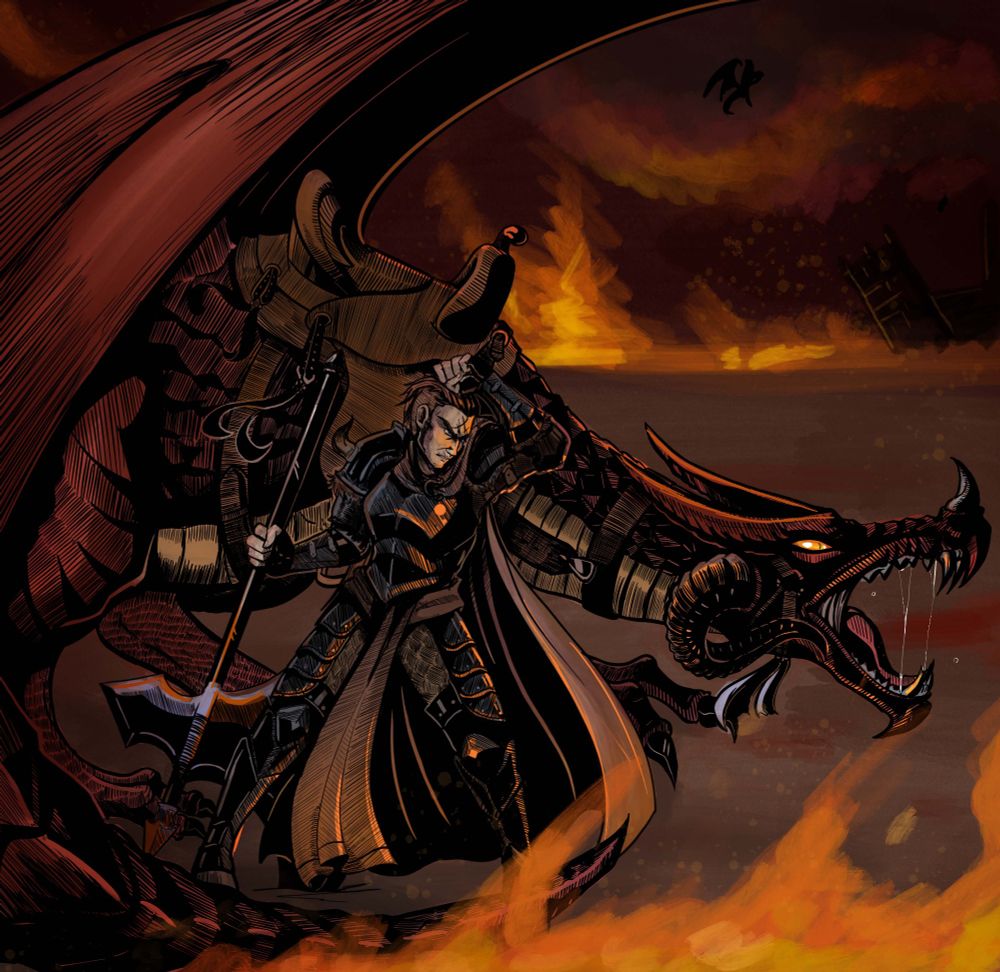 Digital art of an armored man with an axe on a battlefield. A roaring red dragon with a saddle roars behind him. 