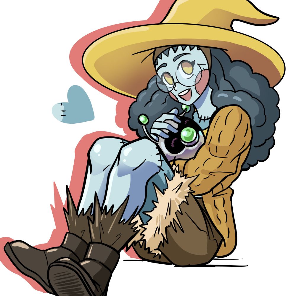 Digital art of a zombie girl holding a robot 