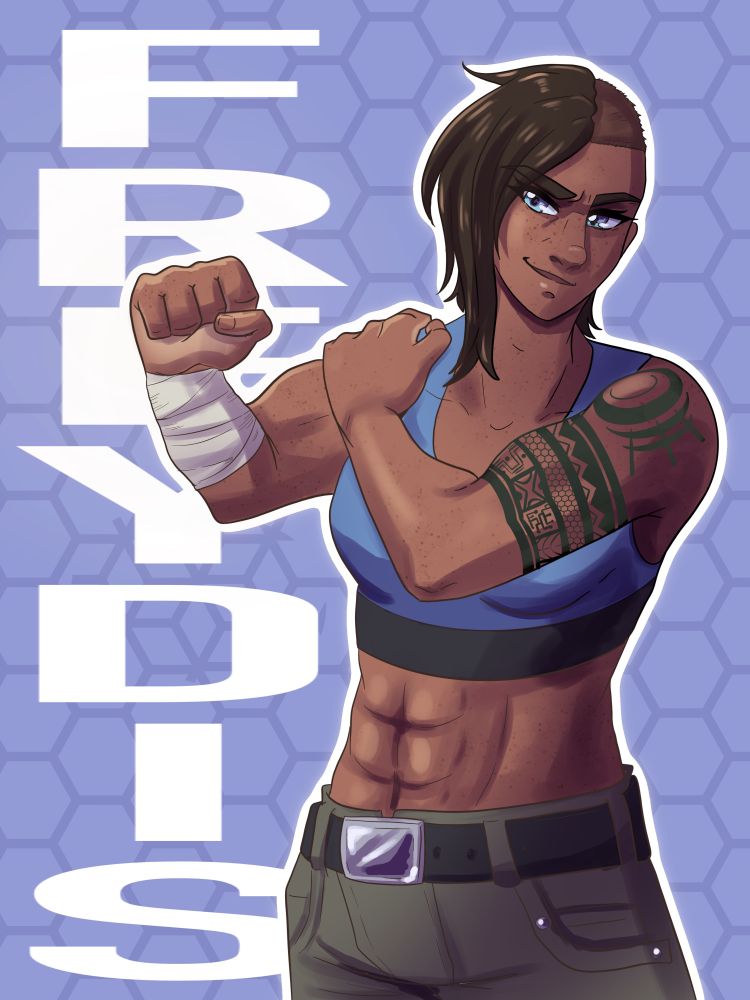 Digital art of a tattooed muscular woman with a half-shave rolling her shoulder in preparation for something physical 