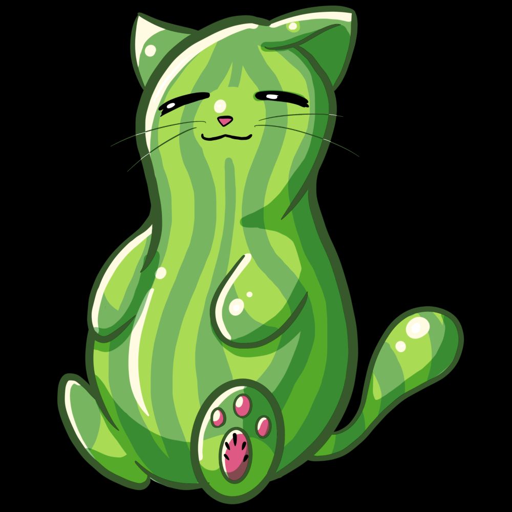 Digital art of a plump cat who is green and striped like a watermelon. He has a content expression. His paw pads are pink and have markings like seeds