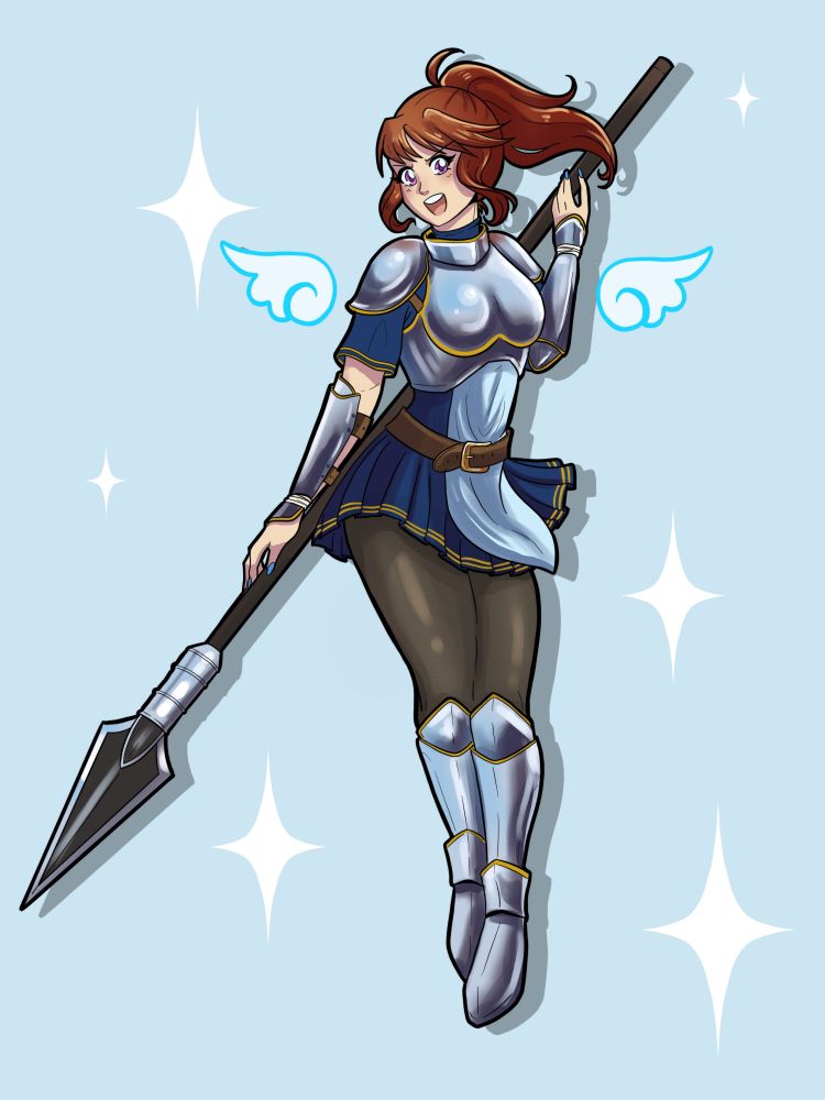 Digital art of a girl in light, metallic armor, reminiscent of a pegasus knight from fire emblem. She holds a spear.