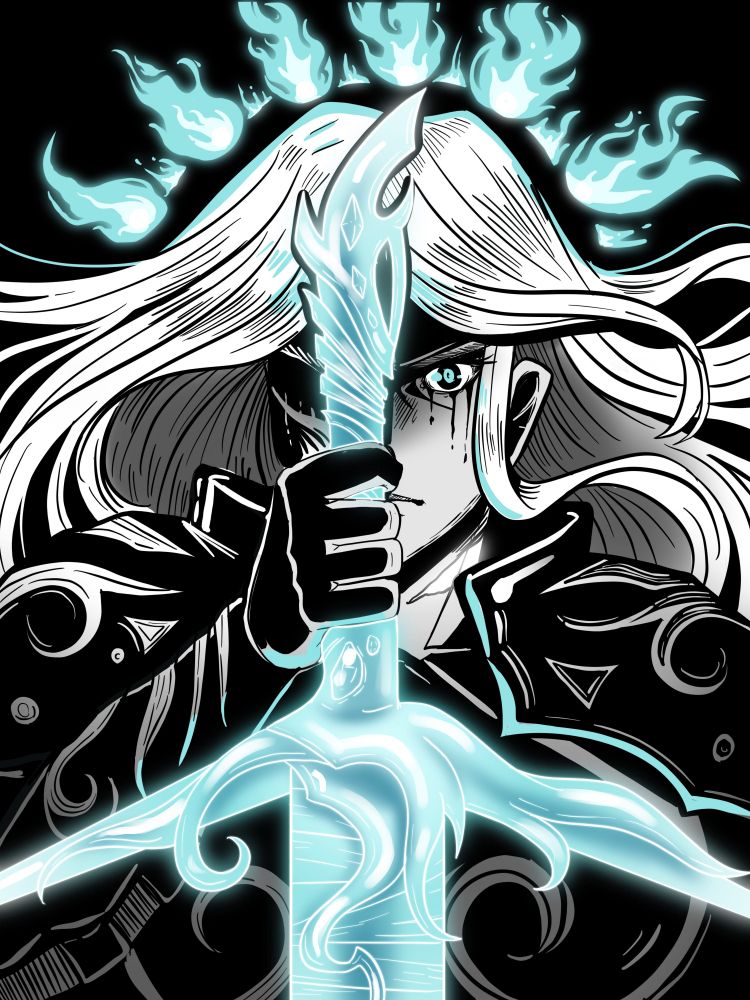 Digital black and white art of a woman holding a ghostly blue sword with a blue firey halo