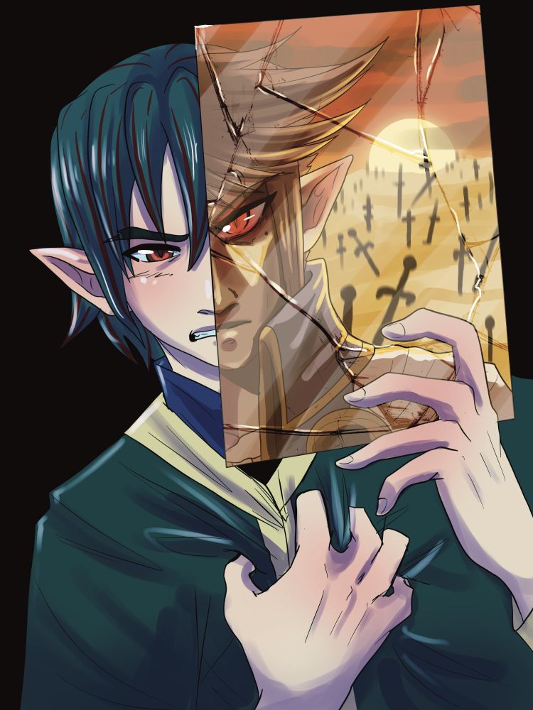 Digital art of a red-eyed boy holding up a mirror and clutching his chest. The mirror covers part of his face, and that part depicts a severe man with similar red eyes sanding before a field of graves marked with swords