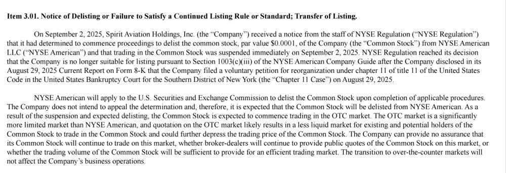 On September 2, 2025, Spirit Aviation Holdings, Inc. (the “Company”) received a notice from the staff of NYSE Regulation (“NYSE Regulation”) that it had determined to commence proceedings to delist the common stock, par value $0.0001, of the Company (the “Common Stock”) from NYSE American LLC (“NYSE American”) and that trading in the Common Stock was suspended immediately on September 2, 2025. NYSE Regulation reached its decision that the Company is no longer suitable for listing pursuant to Section 1003(c)(iii) of the NYSE American Company Guide after the Company disclosed in its August 29, 2025 Current Report on Form 8-K that the Company filed a voluntary petition for reorganization under chapter 11 of title 11 of the United States Code in the United States Bankruptcy Court for the Southern District of New York (the “Chapter 11 Case”) on August 29, 2025. NYSE American will apply to the U.S. Securities and Exchange Commission to delist the Common Stock upon completion of applicable procedures. The Company does not intend to appeal the determination and, therefore, it is expected that the Common Stock will be delisted from NYSE American. As a result of the suspension and expected delisting, the Common Stock is expected to commence trading in the OTC market. The OTC market is a significantly more limited market than NYSE American, and quotation on the OTC market likely results in a less liquid market for existing and potential holders of the Common Stock to trade in the Common Stock and could further depress the trading price of the Common Stock. The Company can provide no assurance that its Common Stock will continue to trade on this market, whether broker-dealers will continue to provide public quotes of the Common Stock on this market, or whether the trading volume of the Common Stock will be sufficient to provide for an efficient trading market. The transition to over-the-counter markets will not affect the Company’s business operation