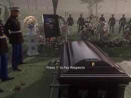 Screenshot from “Call of Duty: Advanced Warfare” showing servicemen around a coffin for a fallen soldier with the caption “Press F to Pay Respects”