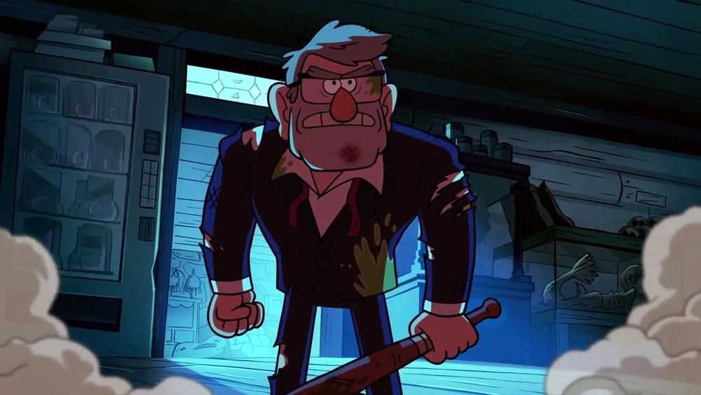 Grunkle Stan covered in zombie cuts wielding a baseball he used to beat the zombie idiots down 