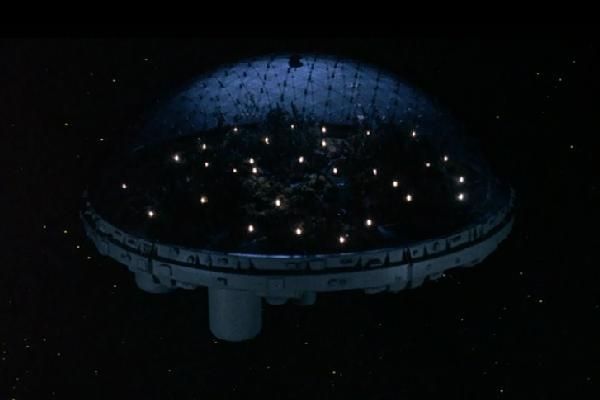 still from Silent Running of a domed forest floating in space 