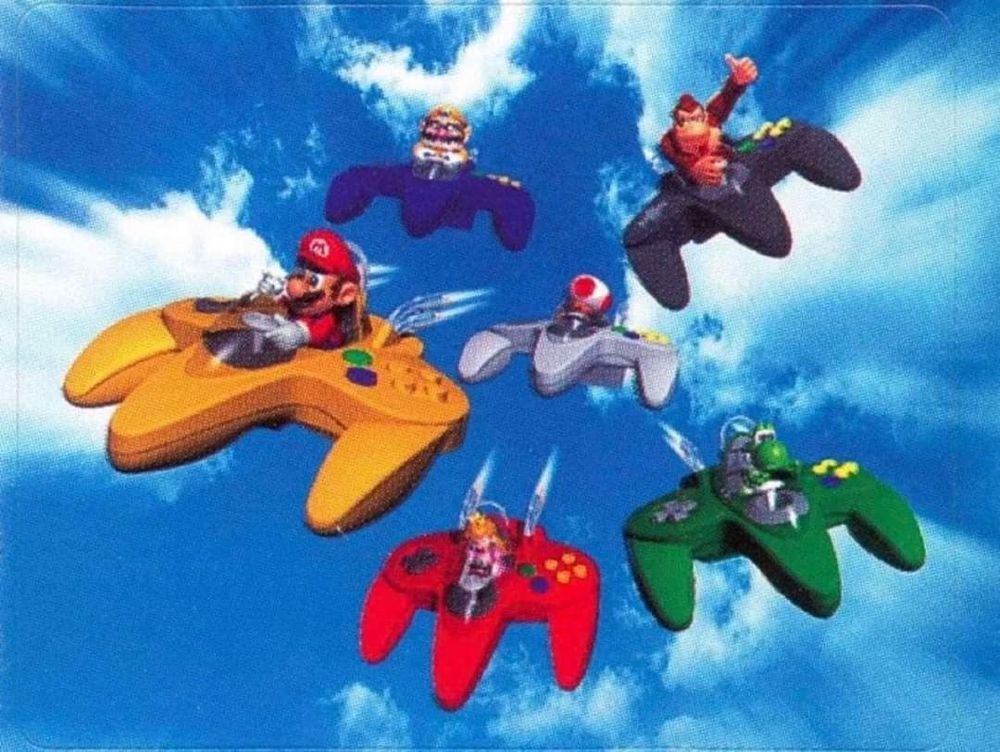 Various Nintendo mascots riding on Nintendo 64 controllers like airplanes
