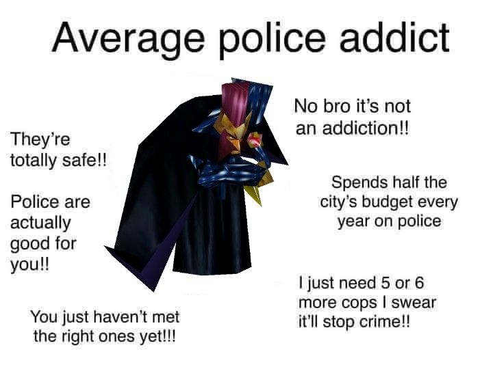 Meme shows Beigis as "average police addict"

With quotes like 
"They're totally safe"
"Spends half the city budget on police"
"I just need 5 or 6 more cops I swear it'll stop crime"