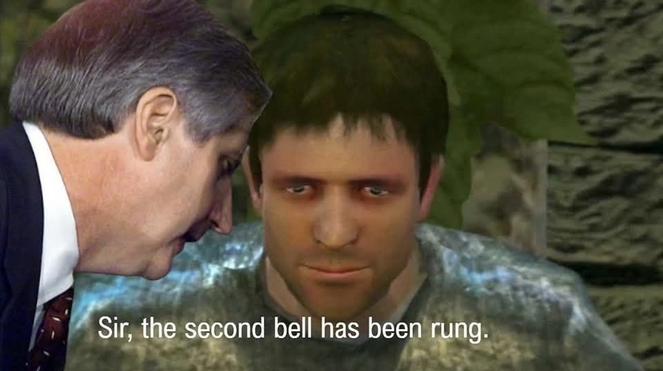The meme depicts the crestfallen warrior from Dark Souls being told that the second bell has been rung, George W Bush Jr style