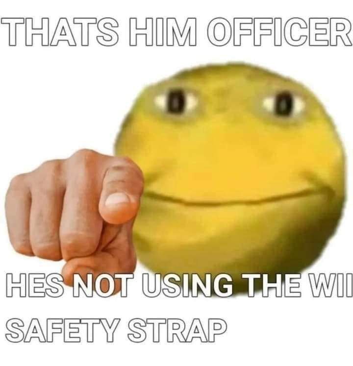 The image shows a menacing looking smile face emote thing pointing towards the phone screen saying 

That's him officer he's not using the Wii safety strap 

