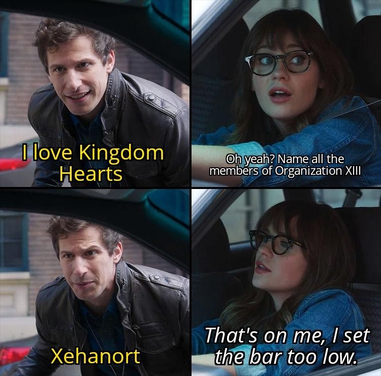 The meme is a four panel where a gentleman says I love Kingdom Hearts 
Panel 2 is a lady saying oh yeah name all of the members of organization 13 
Panel 3 is simply Xehanort
Panel 4 is the lady saying that's on me I set the bar too low