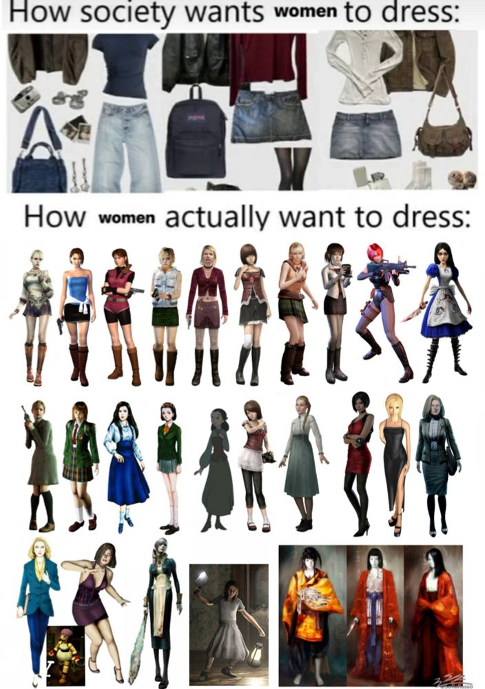 The top of the meme says:
"How society wants women to dress" and has a bunch of big box fashionable clothes like The Buckle and The Gap etc

The bottom says:
"How women actually want to dress" and has a bunch of female protagonists from horror and suspense video games etc
It's a lot of cool options, some covered in blood and many armed with weapons 