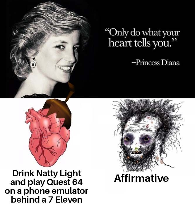 "Only do what your heart tells you" - Princess Diana 

Your Heart:
Drink Natty Light and play Quest 64 on a phone emulator behind 7 Eleven