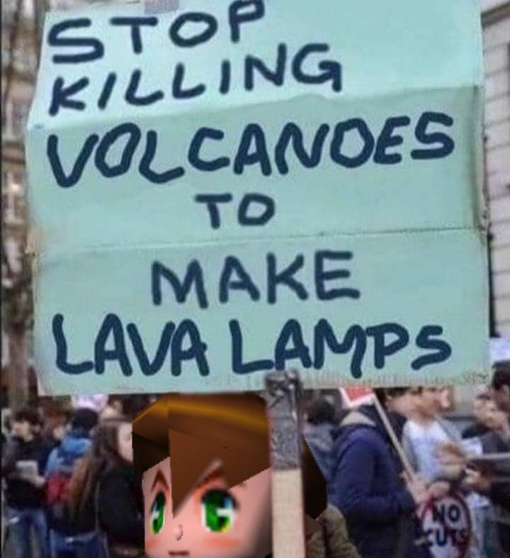 Brian is holding a sign that says stop killing volcanoes to make lava lamps