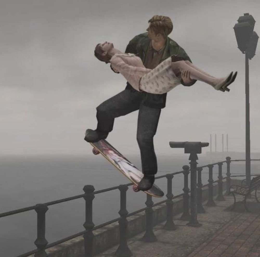 Some silent Hill shit where Jim James Silent Hill is grinding a sick rail with his probably dead wife (dream)