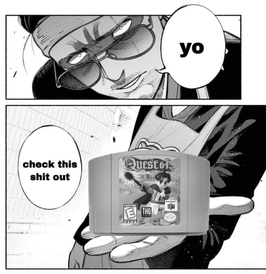 A gentleman saying 
Yo check this shit out
This s*** is a quest 64 cartridge