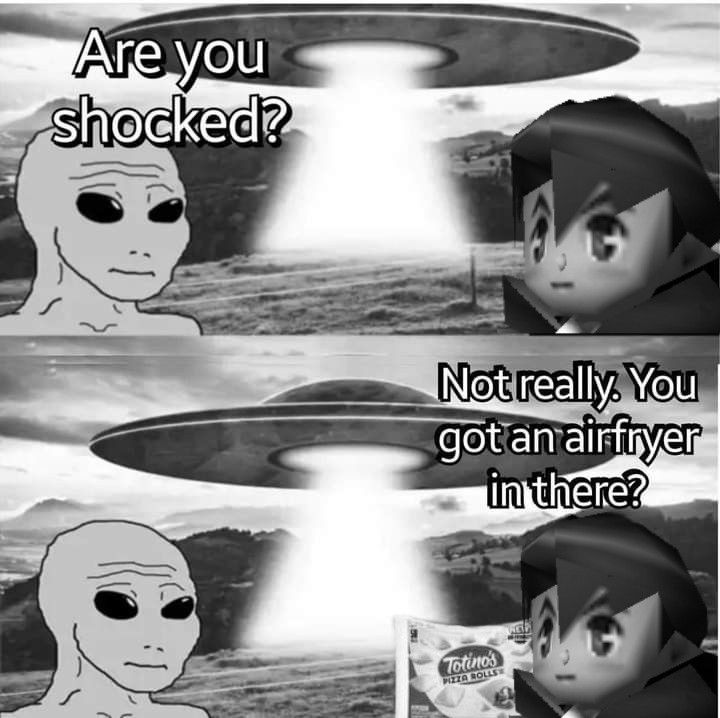 The meme shows and alien talking to Brian asking if he is shocked by his presence 

Brian says not really and then asks if the alien has an air fryer in the UFO 

Brian has a bag of totino's Pizza rolls