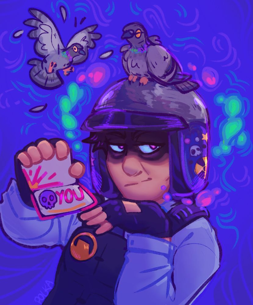digital drawing of Benrey from HLVRAI holding up a passport. He's surrounded by purple and green sweetvoice orbs and two pigeons--one's sitting on his helmet
