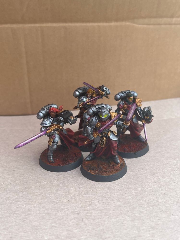 Kitbash of age of sigmar stormcast and 40k grey knights. Painted with silver-blue armour, purple energy weapons and red tabbards