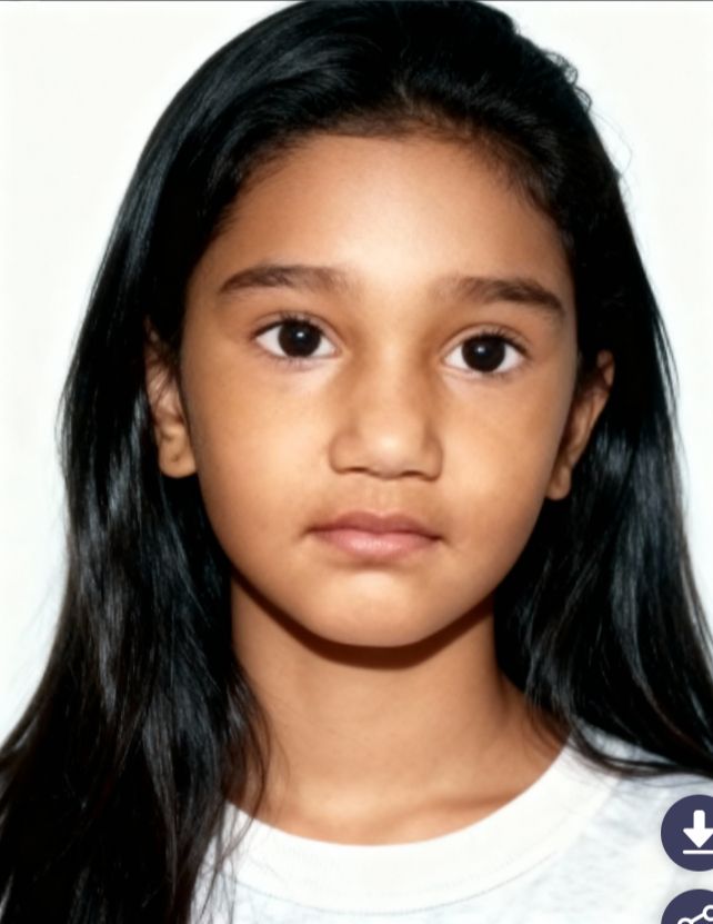 A 19-year-old South Asian girl with dark, shiny hair looks balefully at the camera. Her eyebrows are somewhat bushy (in real life, they might come together in the middle) and flat - not arched very much at all. She has large, round, brown eyes. The AI programme that aged her baby photo presents her nose as being a bit thick, the same width from top to bottom, with nostrils flared only slightly. She has fuller lips than the average person. Her bottom lip bounces out a bit, especially in the middle; and her upper lip is shapely, rising sharply on each side from the middle before gliding down diagonally in a graceful line. Her chin is presented as a flat square here. Her cheeks are lower on her face. Her earlobes circle a bit before attaching to her face, not leaving very much of a gap between love and face. The top of her ears are also rounded in semi-circular form; and they fall from top to lobe in an even line. She is shown here without a widow's peak - her hairline at her forehead is even. Her skin is between caramel candy and caramelised onion in colour.