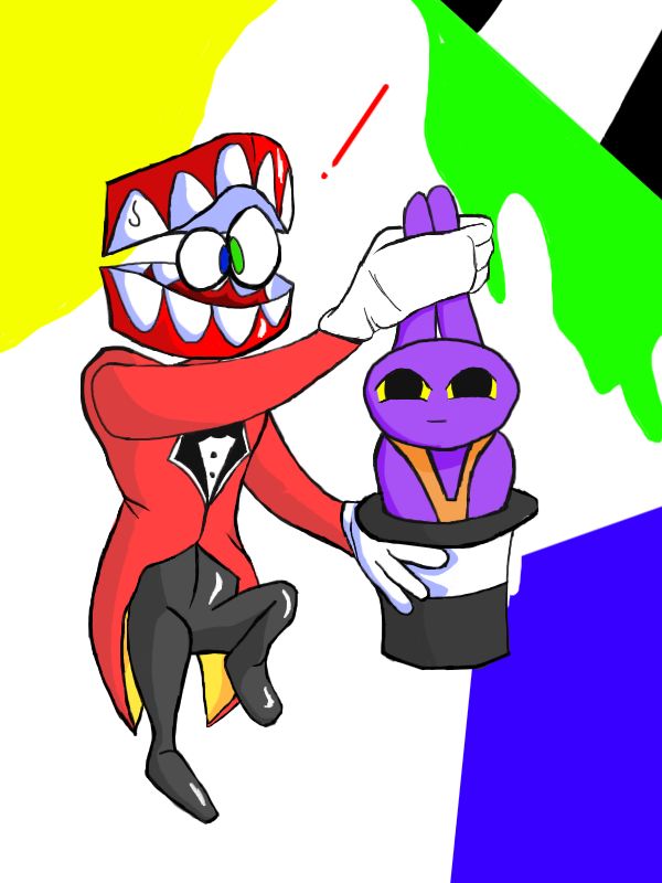 Digital Circus - A perplexed Caine pulling out a very confused Jax out of his tophat.