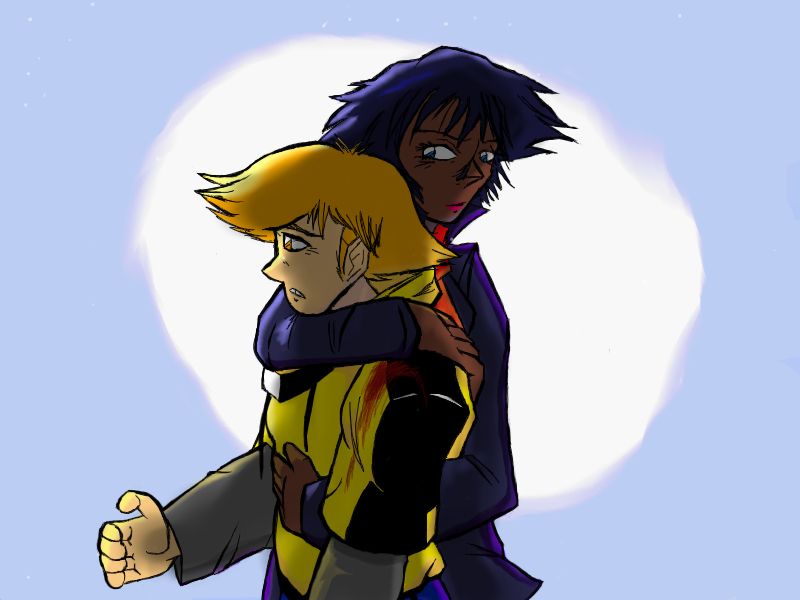 Wolf's Rain - Blue hugging Hige, his shoulder bloody.