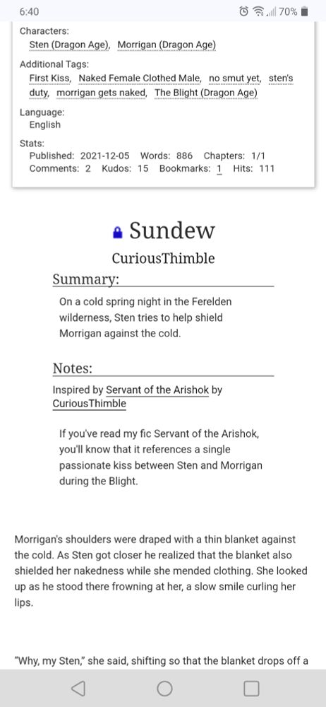 Mobile screenshot from Ao3 of the fix Sundew by CuriousThimble. It is a sexy late night kiss between Sten and Morrigan at the dao camp.