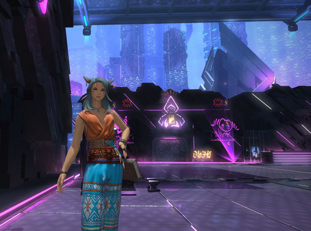 a blue haired catgirl standing in a futuristic neon sci fi city