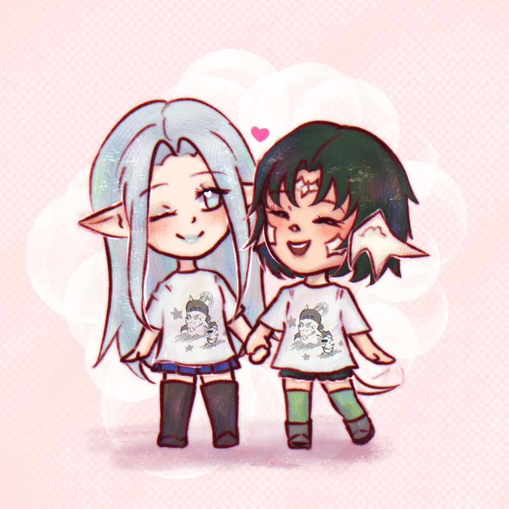 drawing of chibi ysayle and myka. they’re holding hands as they smile at each other and are wearing the same shirt with a moogle and small chocobo design. myka’s tail wags happily. 