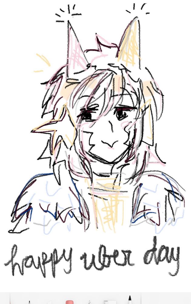 finger sketch of suberu solterra wearing two party hats, the (messy) cursive text beneath reads “happy uber day”