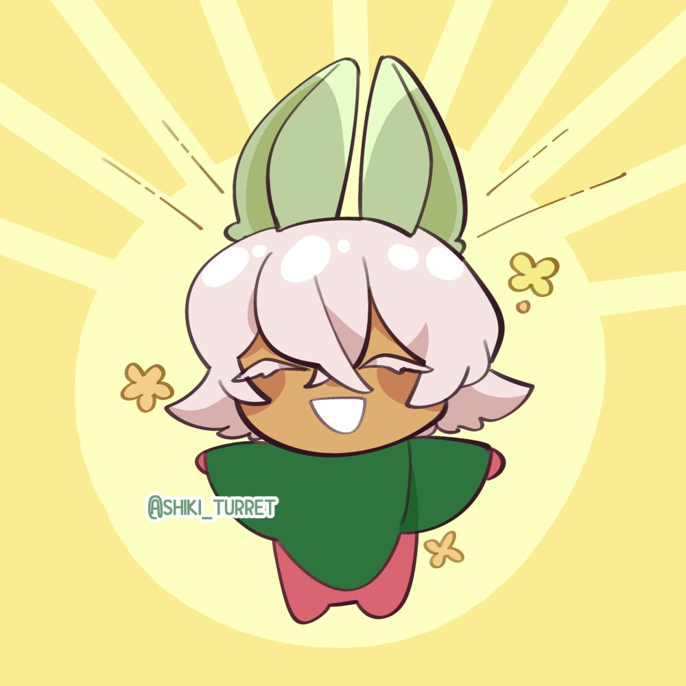 Flamboyant King's character Wiwi. A small creature with pink fluffy hair, faded green bunny ears and a green poncho puts out their hands, happy. Wiwiwiwiwiwiwiwiwiwiw...