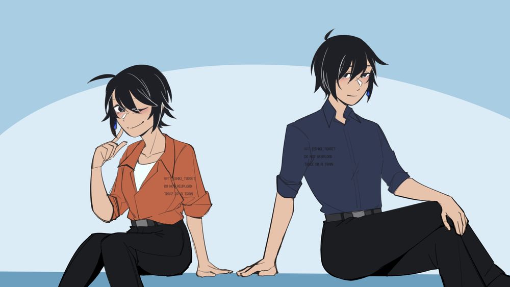 Aozora Kaia and Kaito sitting. Kaia leans forward and pokes her own cheek, while Kaito leans back and puts a lazy hand over his crossed legs. Both are smiling.