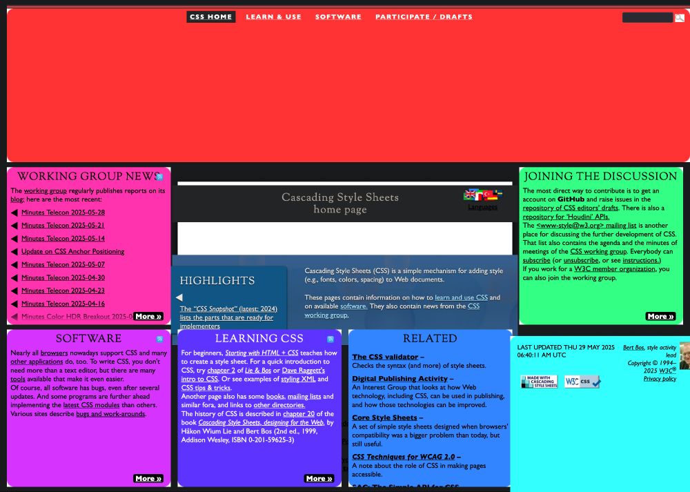 The same web page when viewed in Dark Reader. It's jumbled a bunch of blocks of brightly colored content, covering up the main page content and wrecking my eyes.